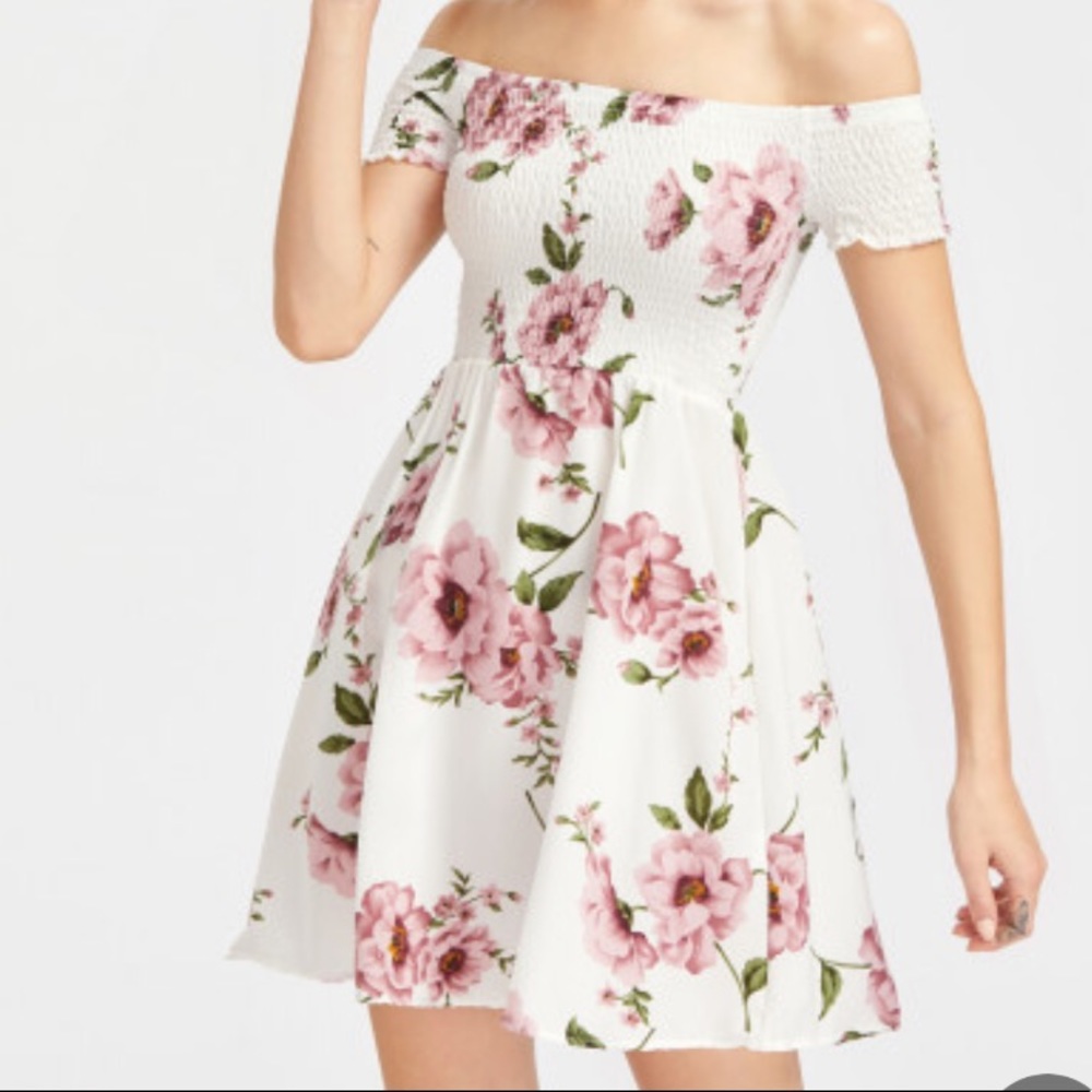 White and pink floral off the shoulder dress